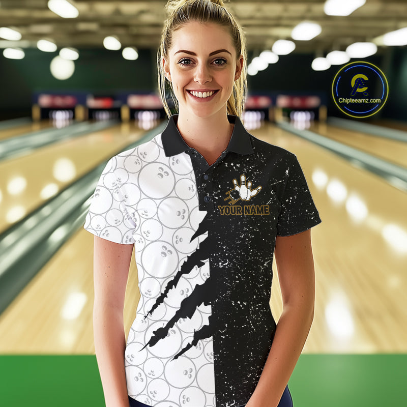 Custom Grunge Black White Bowling Shirt For Women, Bowling Tournament Team Shirt Polo & 1/4 Zip TDM6271