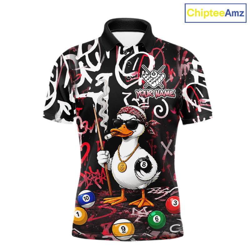 Red Funny Duck Graffiti 8 Ball Billiard Shirt For Men Custom Pool Team Jersey Polo & 1/4 Zip TDM7152