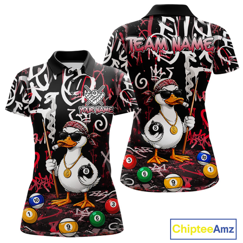 Red Funny Duck Graffiti 8 Ball Billiard Shirt For Women Custom Pool Team Jersey Polo & 1/4 Zip TDM7152