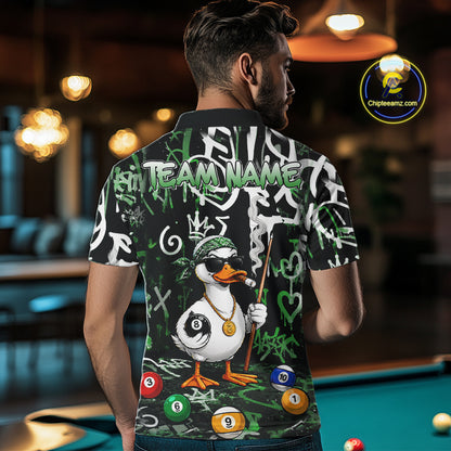 Green Funny Duck Graffiti 8 Ball Billiard Shirt For Men Custom Pool Team Jersey Polo & 1/4 Zip TDM7153