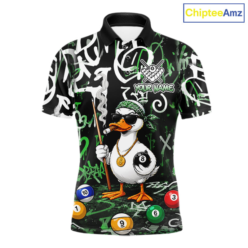 Green Funny Duck Graffiti 8 Ball Billiard Shirt For Men Custom Pool Team Jersey Polo & 1/4 Zip TDM7153