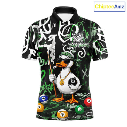 Green Funny Duck Graffiti 8 Ball Billiard Shirt For Men Custom Pool Team Jersey Polo & 1/4 Zip TDM7153