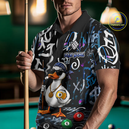 Colorful Graffiti Funny Duck 9 Ball Billiard Shirt For Men Custom Pool Team Jersey Polo & 1/4 Zip TDM7154