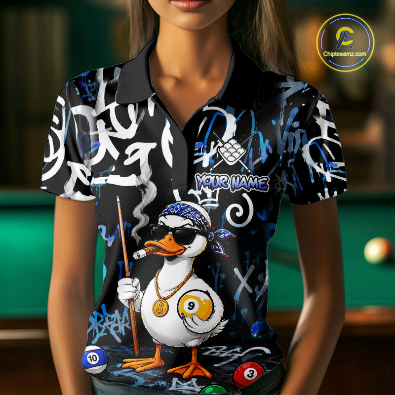 Colorful Graffiti Funny Duck 9 Ball Billiard Shirt For Women Custom Pool Team Jersey Polo & 1/4 Zip TDM7154