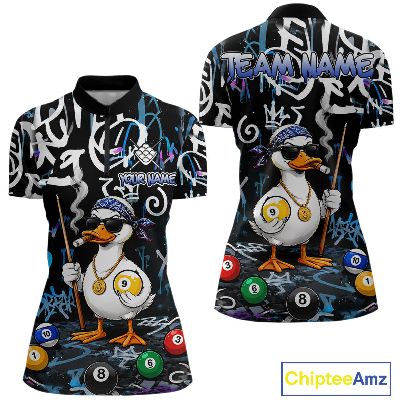 Colorful Graffiti Funny Duck 9 Ball Billiard Shirt For Women Custom Pool Team Jersey Polo & 1/4 Zip TDM7154