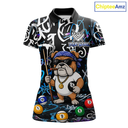 Colorful Graffiti Funny Bulldog 8 Ball Pool Billiard Shirt For Women Custom Billiard Team Jersey TDM7155