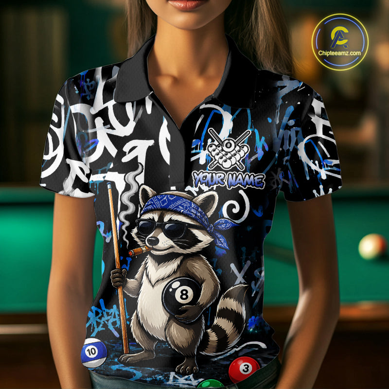 Colorful Graffiti Funny Raccoon 8 Ball Pool Billiard Shirt For Women Custom Billiard Team Jersey TDM7156
