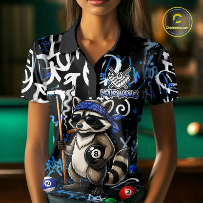 Colorful Graffiti Funny Raccoon 8 Ball Pool Billiard Shirt For Women Custom Billiard Team Jersey TDM7156
