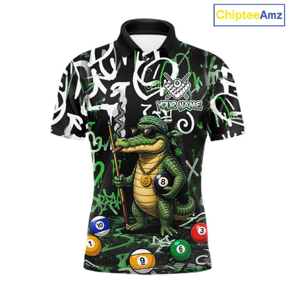 Green Funny Alligator Graffiti 8 Ball Billiard Shirt For Men Custom Pool Team Jersey Polo, 1/4 Zip TDM7157