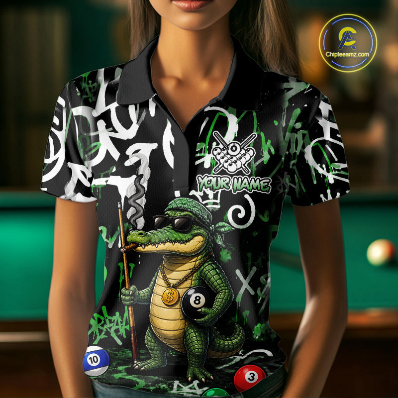 Green Funny Alligator Graffiti 8 Ball Billiard Shirt For Women Custom Pool Team Jersey Polo, 1/4 Zip TDM7157