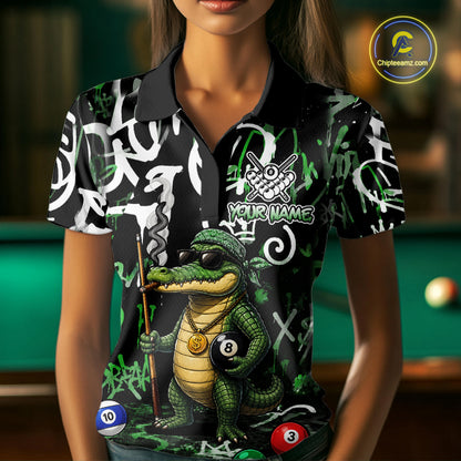 Green Funny Alligator Graffiti 8 Ball Billiard Shirt For Women Custom Pool Team Jersey Polo, 1/4 Zip TDM7157