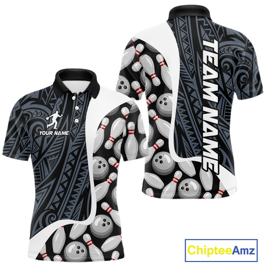 Blue tribal pattern bowling polo shirt for men with custom bowling team graphics.