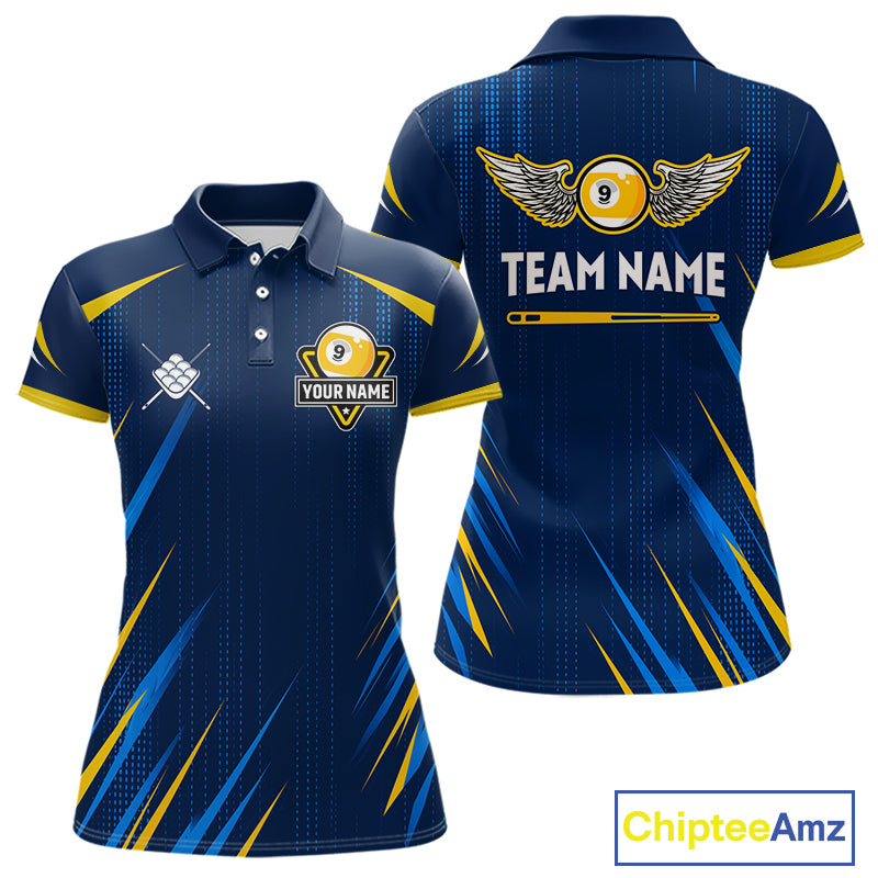 Personalized Blue Yellow 9 Ball Wings Women's Billiard Shirts Custom 9 Ball Pool Team Jersey TDM7167