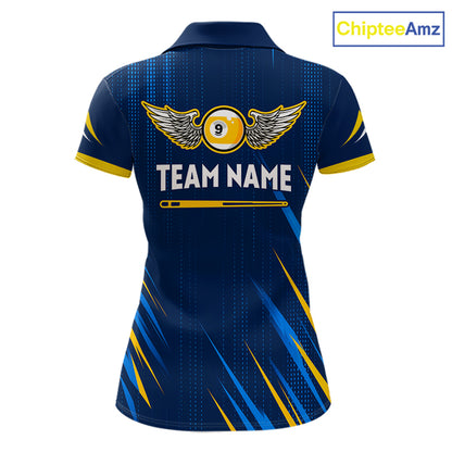 Personalized Blue Yellow 9 Ball Wings Women's Billiard Shirts Custom 9 Ball Pool Team Jersey TDM7167