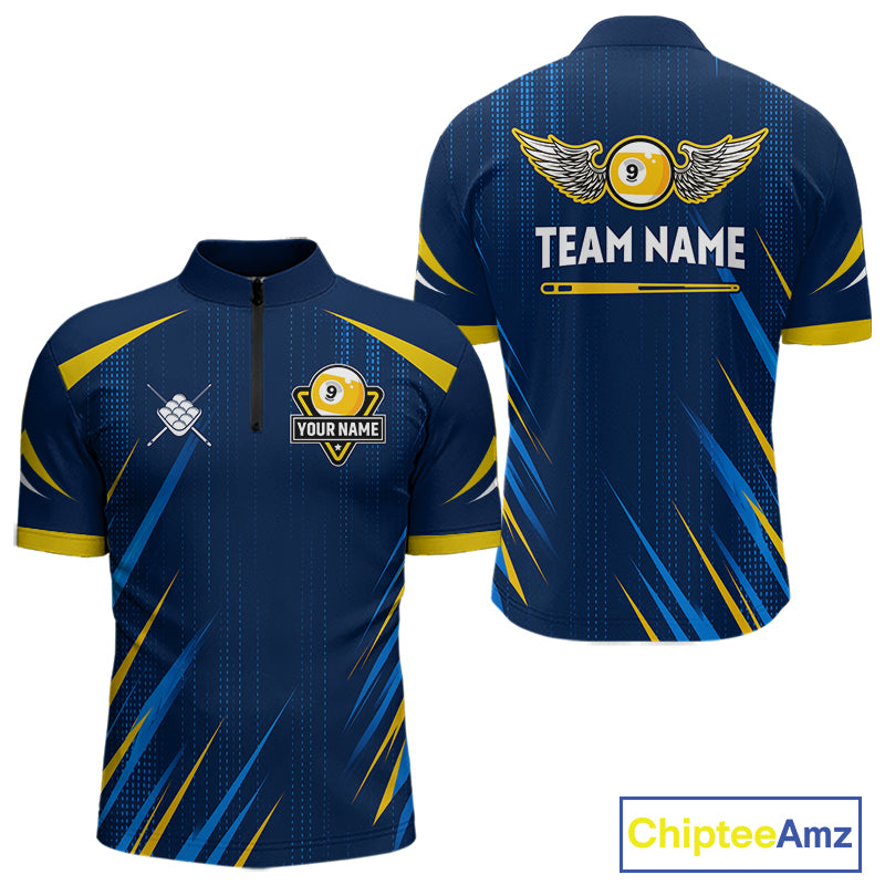 Personalized Blue Yellow 9 Ball Wings Men's Billiard Shirts Custom 9 Ball Pool Team Jersey TDM7167