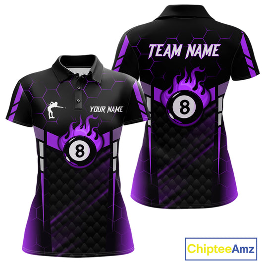 Personalized Purple 8 Ball Flame Billiard Polo & Quarter Zip For Women, 8 Ball Pool Team Jersey TDM6039