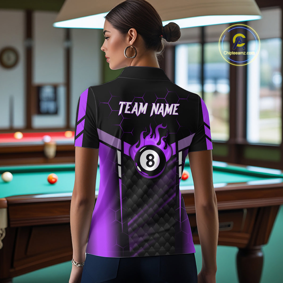 Personalized Purple 8 Ball Flame Billiard Polo & Quarter Zip For Women, 8 Ball Pool Team Jersey TDM6039