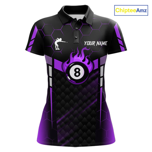 Personalized Purple 8 Ball Flame Billiard Polo & Quarter Zip For Women, 8 Ball Pool Team Jersey TDM6039