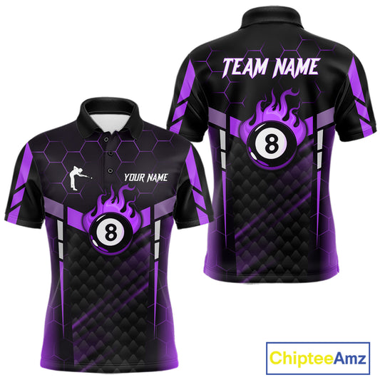 Personalized Purple 8 Ball Flame Billiard Polo & Quarter Zip For Men, 8 Ball Pool Team Jersey TDM6039