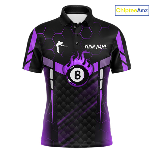 Personalized Purple 8 Ball Flame Billiard Polo & Quarter Zip For Men, 8 Ball Pool Team Jersey TDM6039