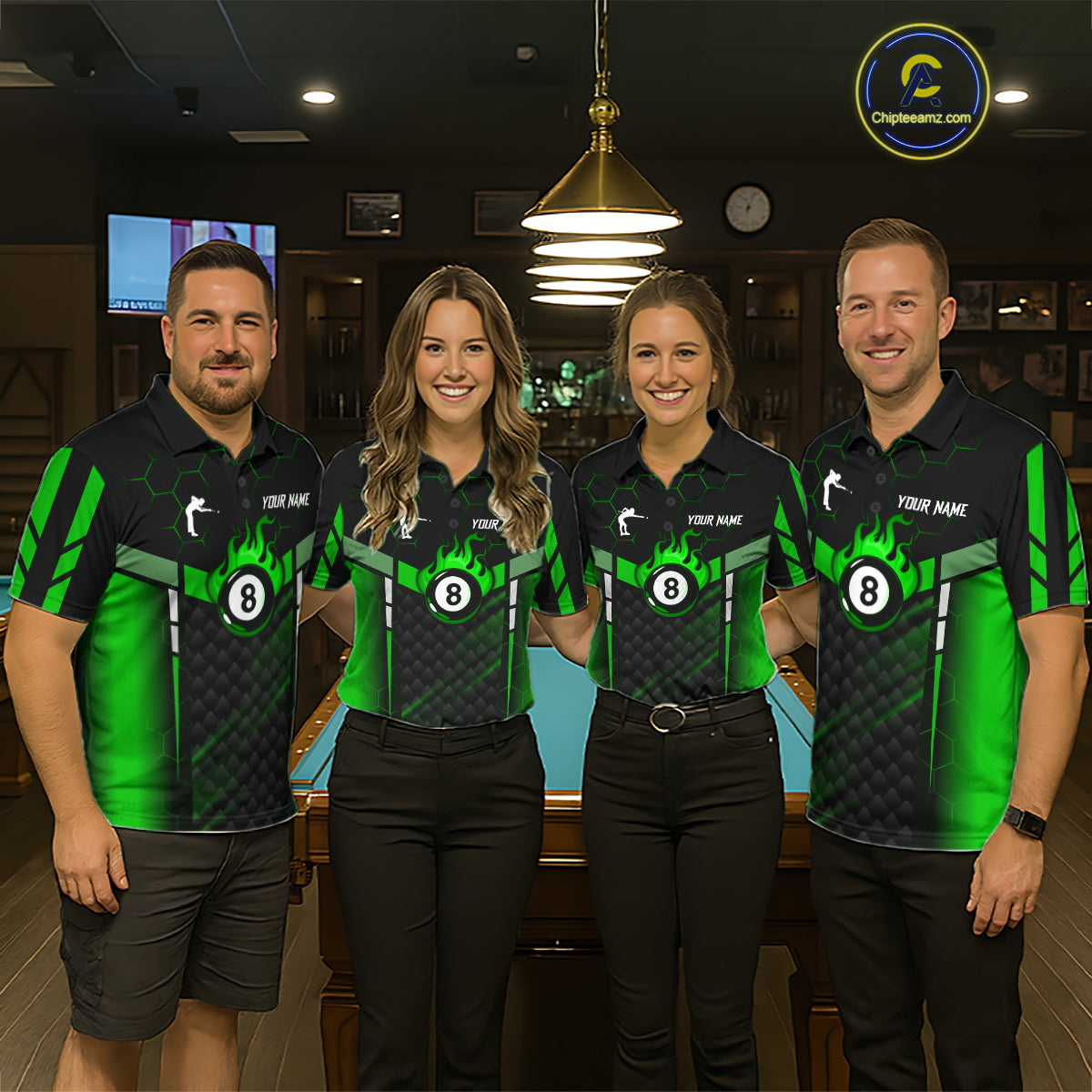 Personalized Green 8 Ball Flame Billiard Polo & Quarter Zip For Women, 8 Ball Pool Team Jersey TDM6040