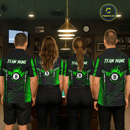 Personalized Green 8 Ball Flame Billiard Polo & Quarter Zip For Women, 8 Ball Pool Team Jersey TDM6040