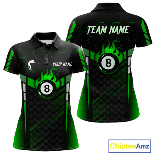 Personalized Green 8 Ball Flame Billiard Polo & Quarter Zip For Women, 8 Ball Pool Team Jersey TDM6040