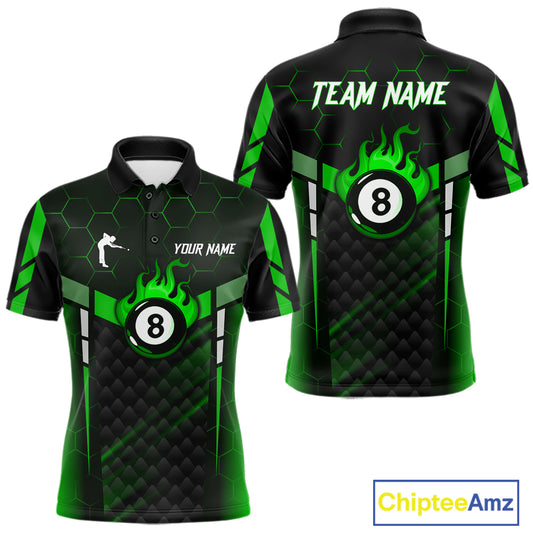 Personalized Green 8 Ball Flame Billiard Polo & Quarter Zip For Men, 8 Ball Pool Team Jersey TDM6040