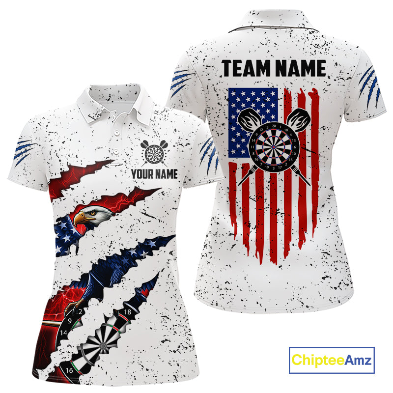Customized Eagle American Flag White Grunge Darts Shirts For Women, Patriotic Darts Team Jersey TDM7179