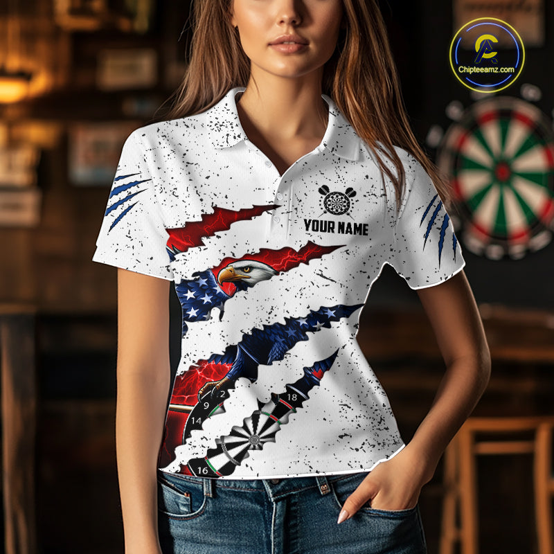 Customized Eagle American Flag White Grunge Darts Shirts For Women, Patriotic Darts Team Jersey TDM7179