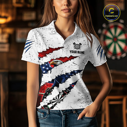 Customized Eagle American Flag White Grunge Darts Shirts For Women, Patriotic Darts Team Jersey TDM7179