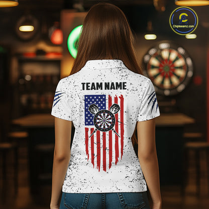 Customized Eagle American Flag White Grunge Darts Shirts For Women, Patriotic Darts Team Jersey TDM7179
