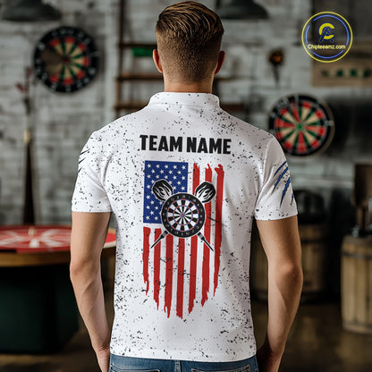 Customized Eagle American Flag White Grunge Darts Shirts For Men, Patriotic Darts Team Jersey TDM7179