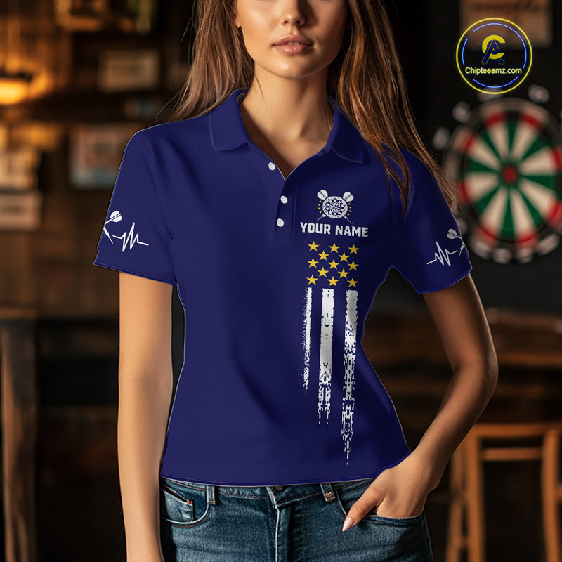 Customized Navy Blue American Flag Darts Shirt For Women, Patriotic Darts League Team Jersey TDM7180