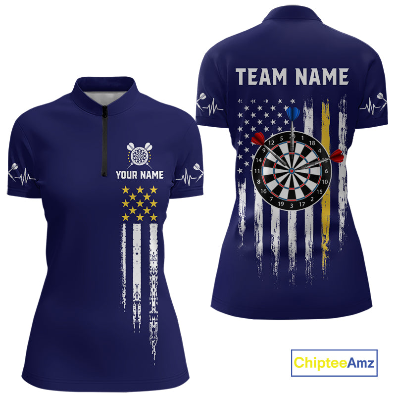 Customized Navy Blue American Flag Darts Shirt For Women, Patriotic Darts League Team Jersey TDM7180