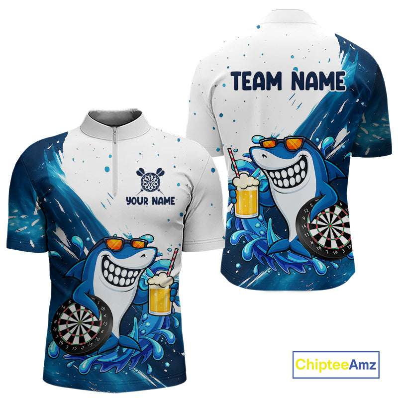 Blue And White Funny Shark Darts Shirts For Men Custom Darts Team Jersey Polo, Quarter Zip TDM7181