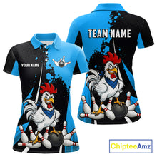 Load image into Gallery viewer, Custom Black And Blue Funny Chicken Bowling Shirts For Women, Bowling Team Jersey Polo &amp; 1/4 Zip TDM6301