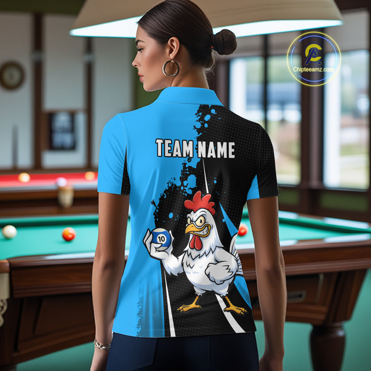 Blue Funny 10 Ball Pool Chicken Billiard Shirt For Women, Billiard Team Jersey Polo & 1/4 Zip TDM6303