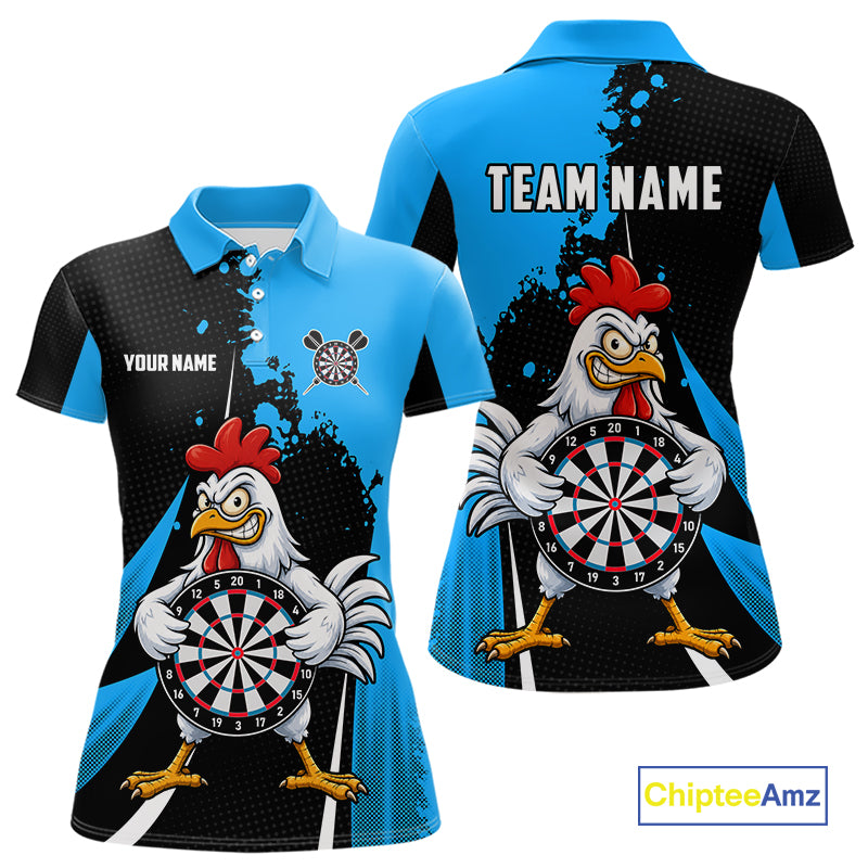 Blue Funny Chicken Darts Shirts For Women Custom Rooster Darts Team Jersey Polo & Quarter Zip TDM7199