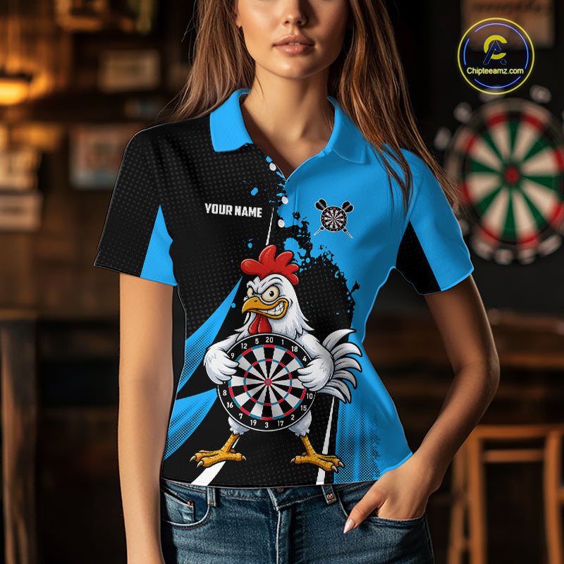 Blue Funny Chicken Darts Shirts For Women Custom Rooster Darts Team Jersey Polo & Quarter Zip TDM7199