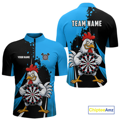 Blue Funny Chicken Darts Shirts For Men Custom Rooster Darts Team Jersey Polo & Quarter Zip TDM7199