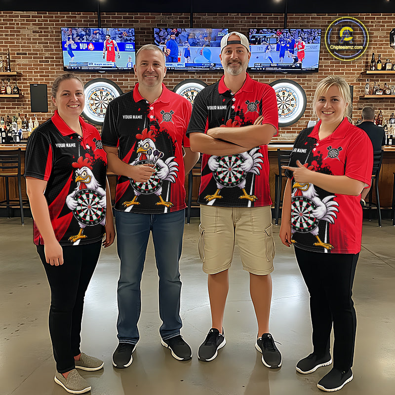 Red Funny Chicken Darts Shirts For Men Custom Rooster Darts Team Jersey Polo & Quarter Zip TDM7201