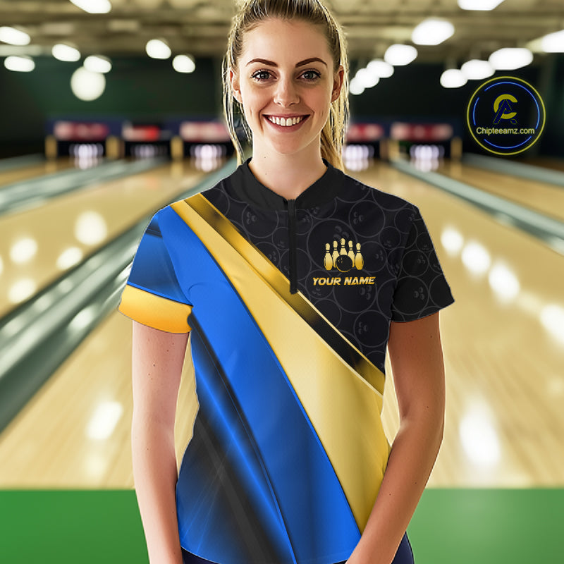 Custom Blue And Gold Bowling Shirts For Women, Bowling League Team Jersey Bowling Tournament Shirts TDM7212