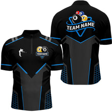 Load image into Gallery viewer, Personalized 8 Ball &amp; 9 Ball Pool Billiard Polo, 1/4 Zip For Men Custom Team Billiard Jerseys |Blue TDM3547