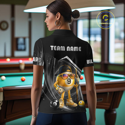 Woman wearing funny silver 9 ball pool billiard team jersey polo shirt featuring the humorous 9 ball artwork, back view.
