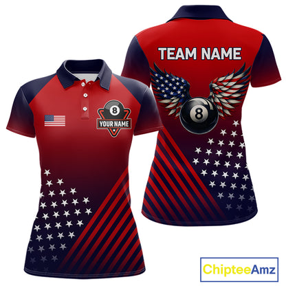 Personalized 8 Ball Wings American Flag Billiard Shirts For Women Custom Patriotic Pool Team Jersey TDM7222
