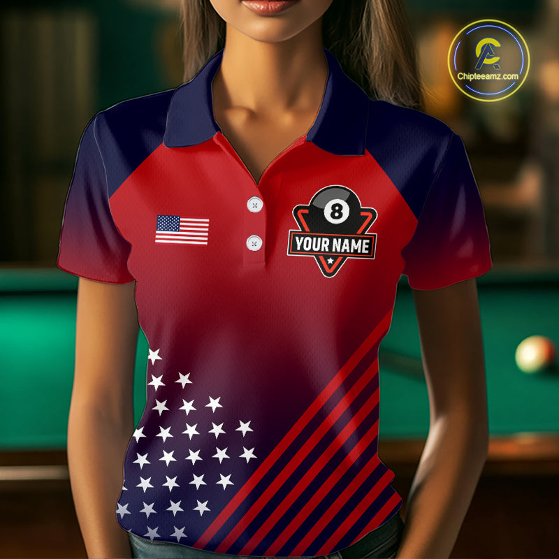 Personalized 8 Ball Wings American Flag Billiard Shirts For Women Custom Patriotic Pool Team Jersey TDM7222