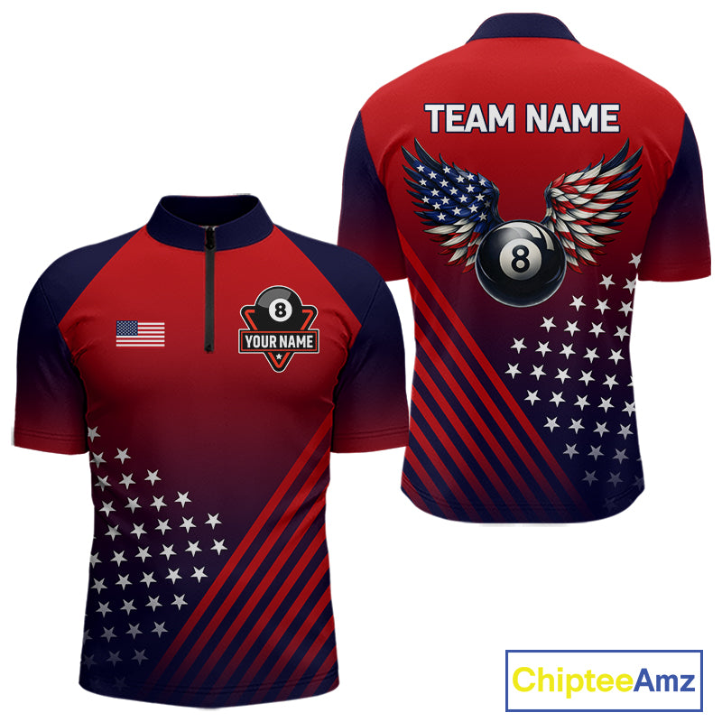 Personalized 8 Ball Wings American Flag Billiard Shirts For Men Custom Patriotic Pool Team Jersey TDM7222