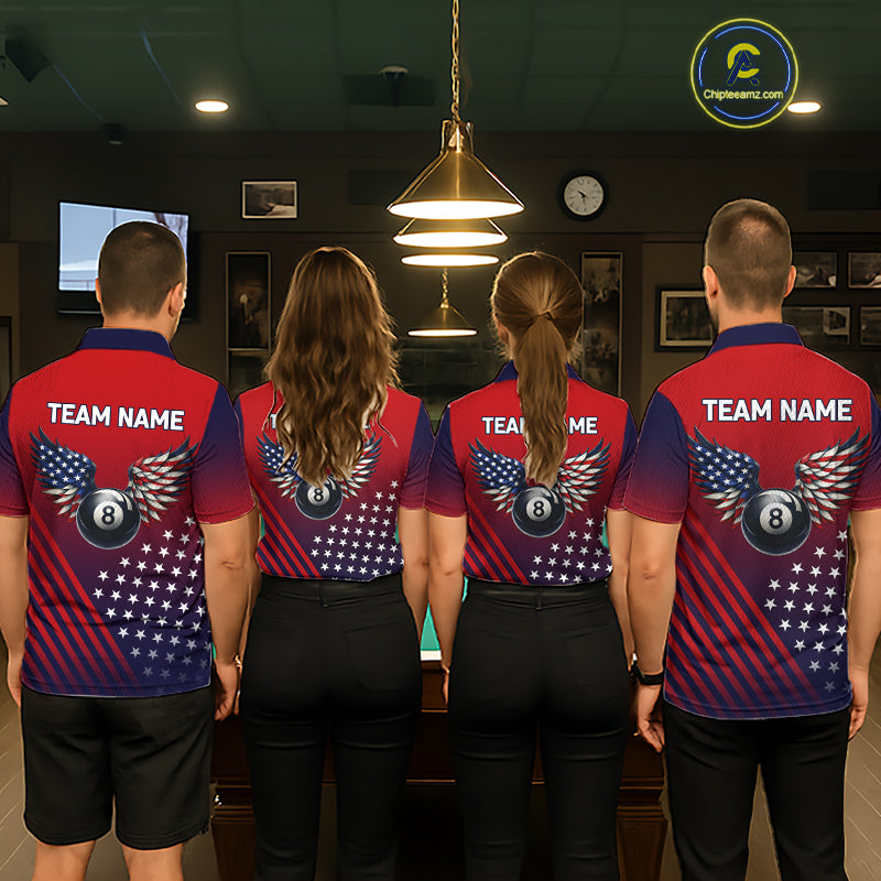 Personalized 8 Ball Wings American Flag Billiard Shirts For Men Custom Patriotic Pool Team Jersey TDM7222