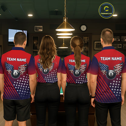 Personalized 8 Ball Wings American Flag Billiard Shirts For Men Custom Patriotic Pool Team Jersey TDM7222